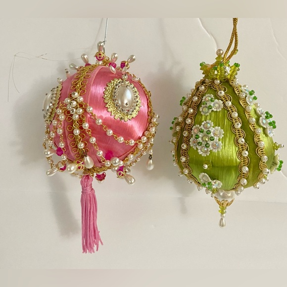 Vintage Other - Two Vintage Sequin and Pushpin Satin Christmas Ornaments Green and Pink